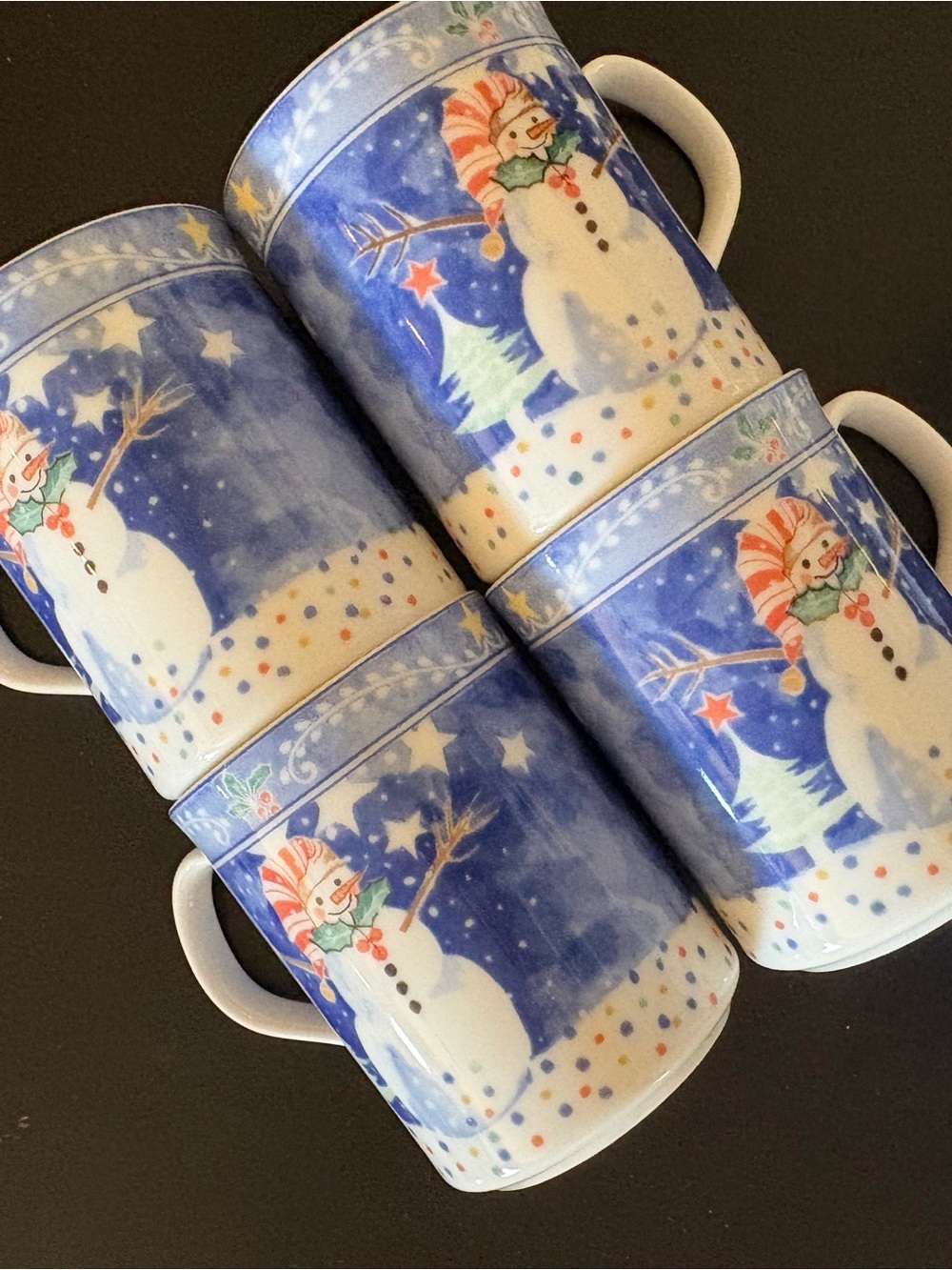 Noritake Blue Snowman Ceramic Mugs - Set of 4